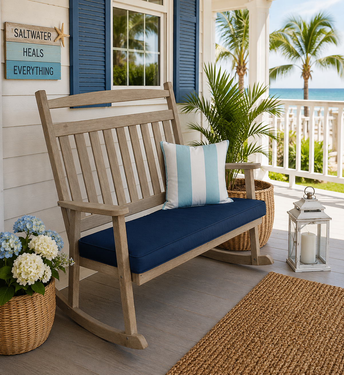 Weathered wood poly bench rocker with navy cushion on a coastal porch overlooking palm trees and the ocean.