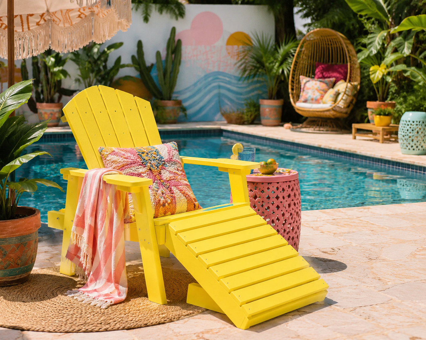 Bright yellow poly chaise lounge for tropical backyard living and lounging by the pool.