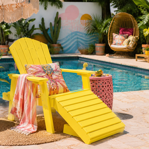 Bright yellow poly chaise lounge for tropical backyard living and lounging by the pool.