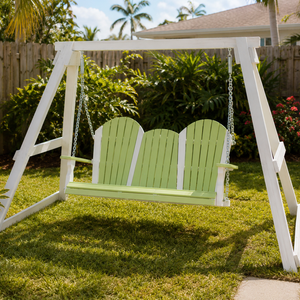 Weather resistant poly wood A frame outdoor swing in a Florida backyard in lime green and white shades.