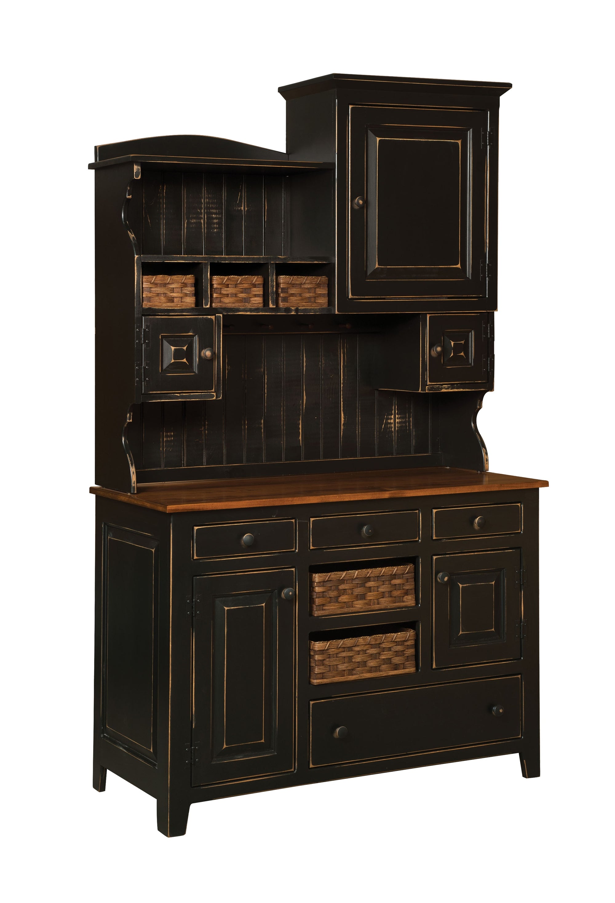 Lizzie's - Amish Handcrafted Hoosier Hutch - Distressed Black & Cherry Stained Top
