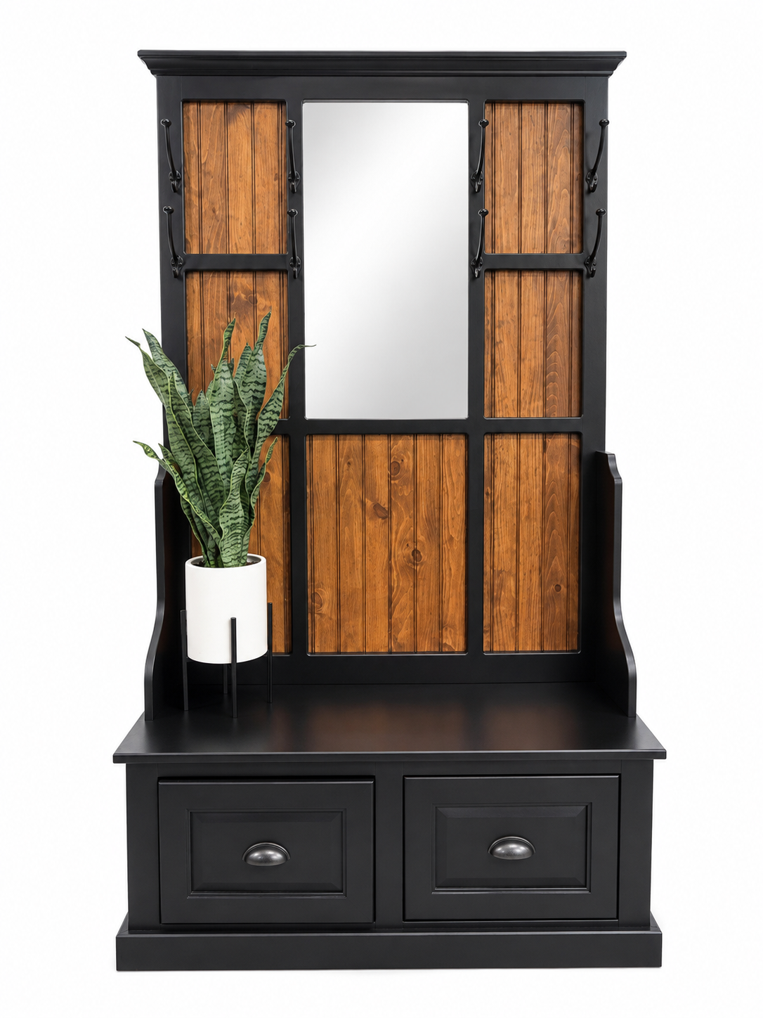Vintage Pine- Amish Handcrafted Hall Tree Bench With Mirror