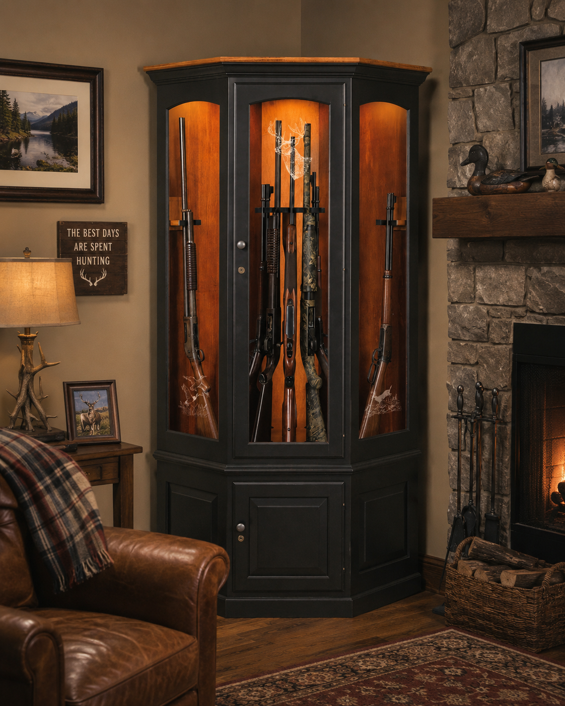 Revolver Corner Gun Cabinet - Two-Tone Finish - Living Room Scene