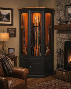 Revolver Corner Gun Cabinet - Two-Tone Finish - Living Room Scene