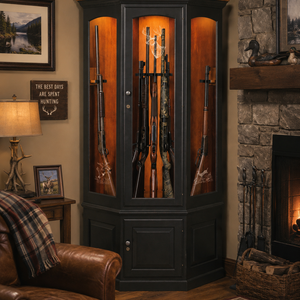 Revolver Corner Gun Cabinet - Two-Tone Finish - Living Room Scene