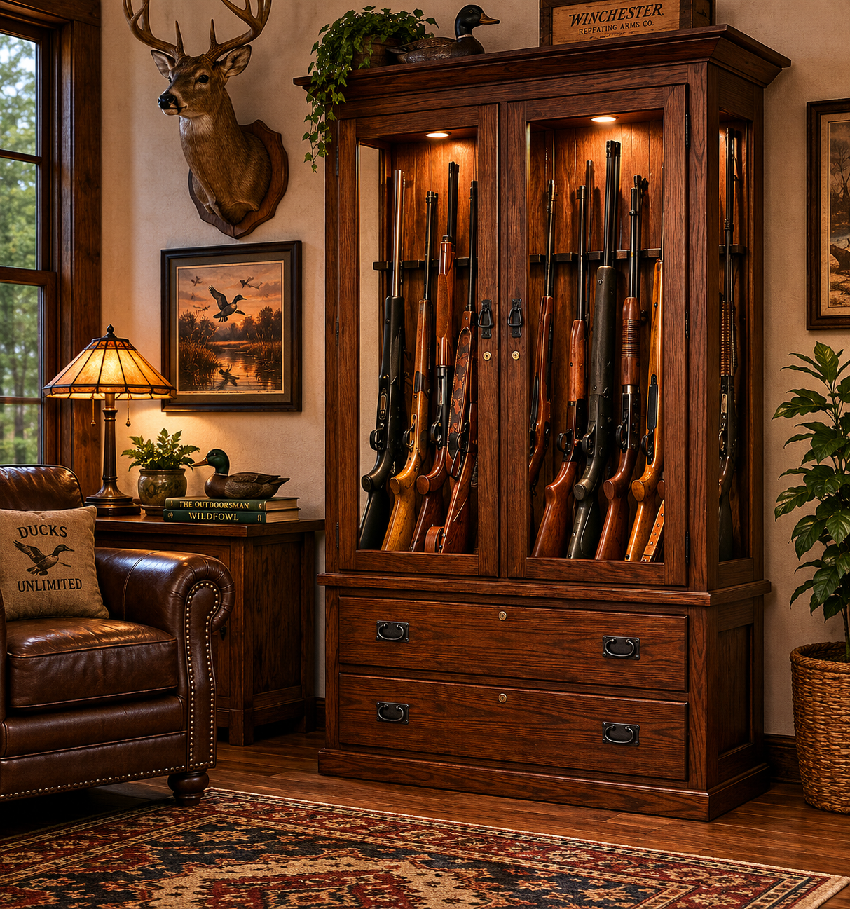 Rockwell - Amish Handcrafted Solid Oak Wood  Gun Cabinet