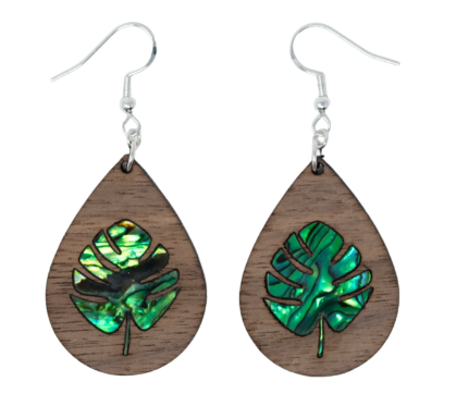 Monstera Leaf Earrings - Walnut Wood