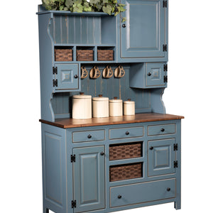 Lizzie's - Amish Handcrafted Hoosier Hutch - Blue Slate w/ Earthtone Stained Top