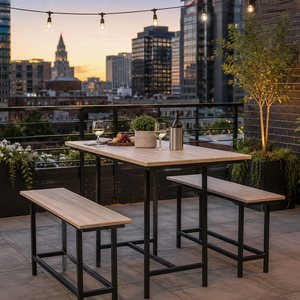 Modern poly and powder coated steel bar-height table and bench set on an urban rooftop patio with city skyline views