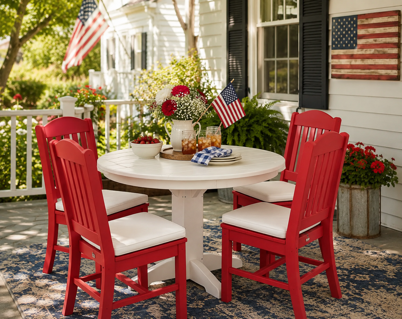 Round white poly outdoor dining table and four red polywood dining chairs on a traditional front porch with patriotic summer décor.