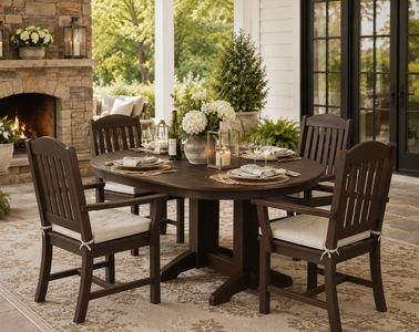 Dark brown poly oval dining table with four armchairs on a covered outdoor patio for stylish entertaining.