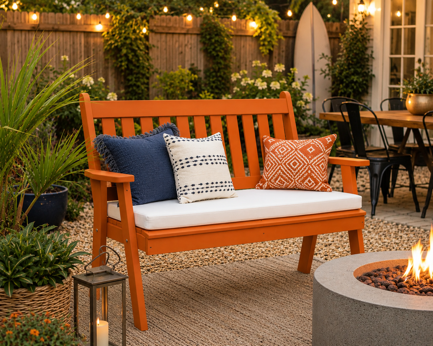 Weather proof orange traditional English poly wood bench for a comfortable and stylish outdoor living space