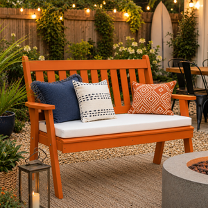 Weather proof orange traditional English poly wood bench for a comfortable and stylish outdoor living space