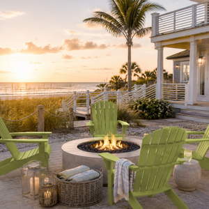 Water resistant lime green fanback poly wood adirondack chairs for beachfront outdoor living around a firepit