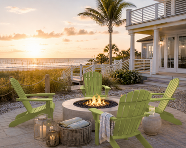 Water resistant lime green fanback poly wood adirondack chairs for beachfront outdoor living around a firepit