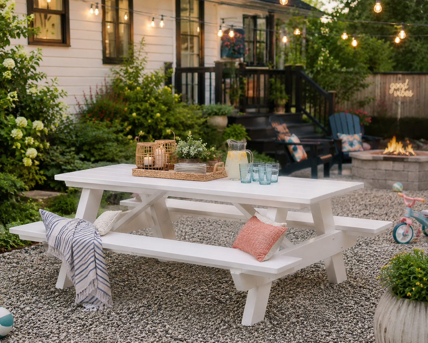 White recycled poly picnic table with attached benches on a patio, designed for outdoor dining, family gatherings, and low-maintenance entertaining