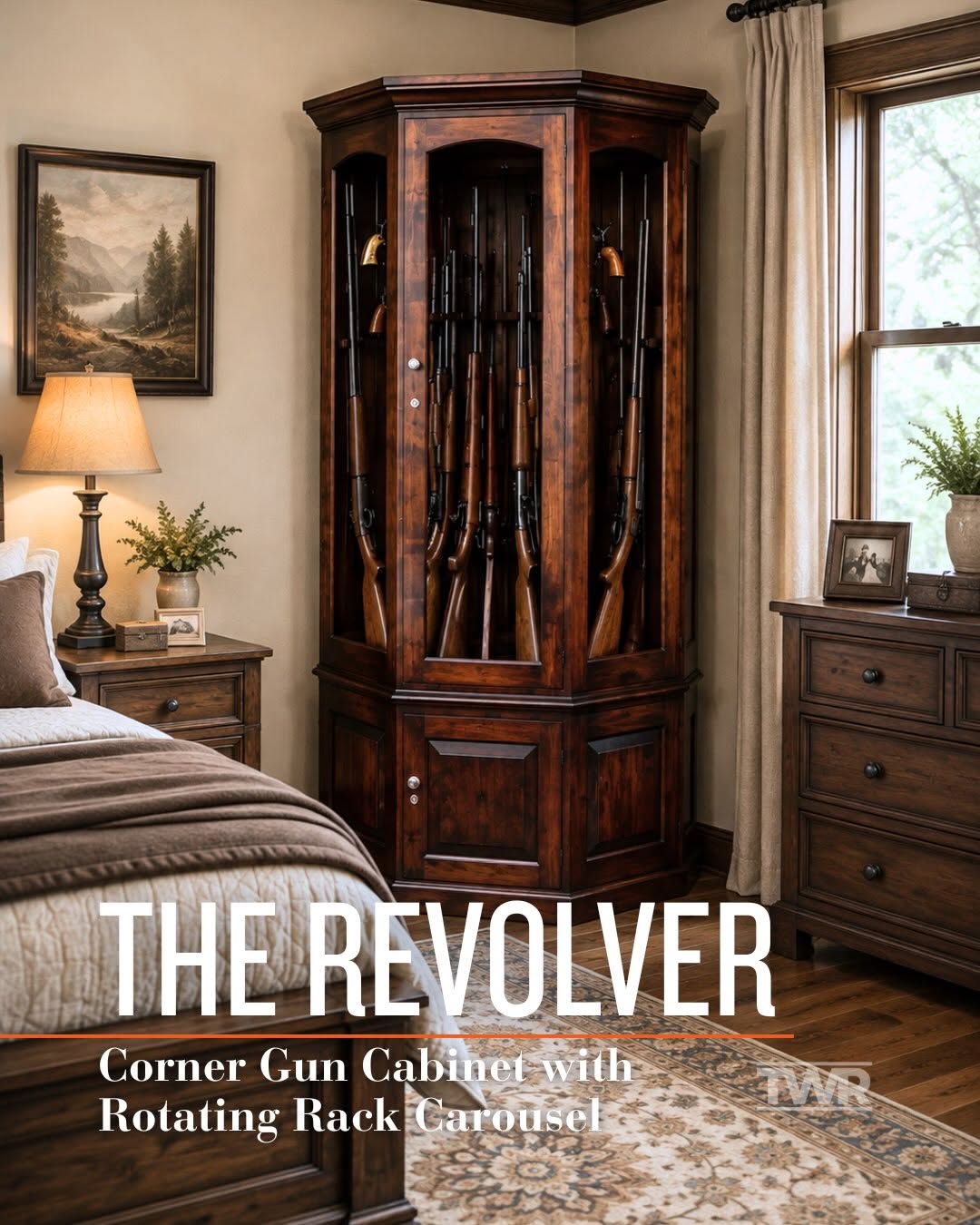 The Revolver Corner Gun Cabinet with Rotating Gun Carousel