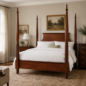 Bedroom with wooden four-poster bed, white bedding, and decorative elements.