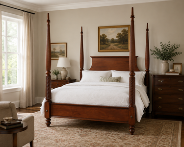 Bedroom with wooden four-poster bed, white bedding, and decorative elements.