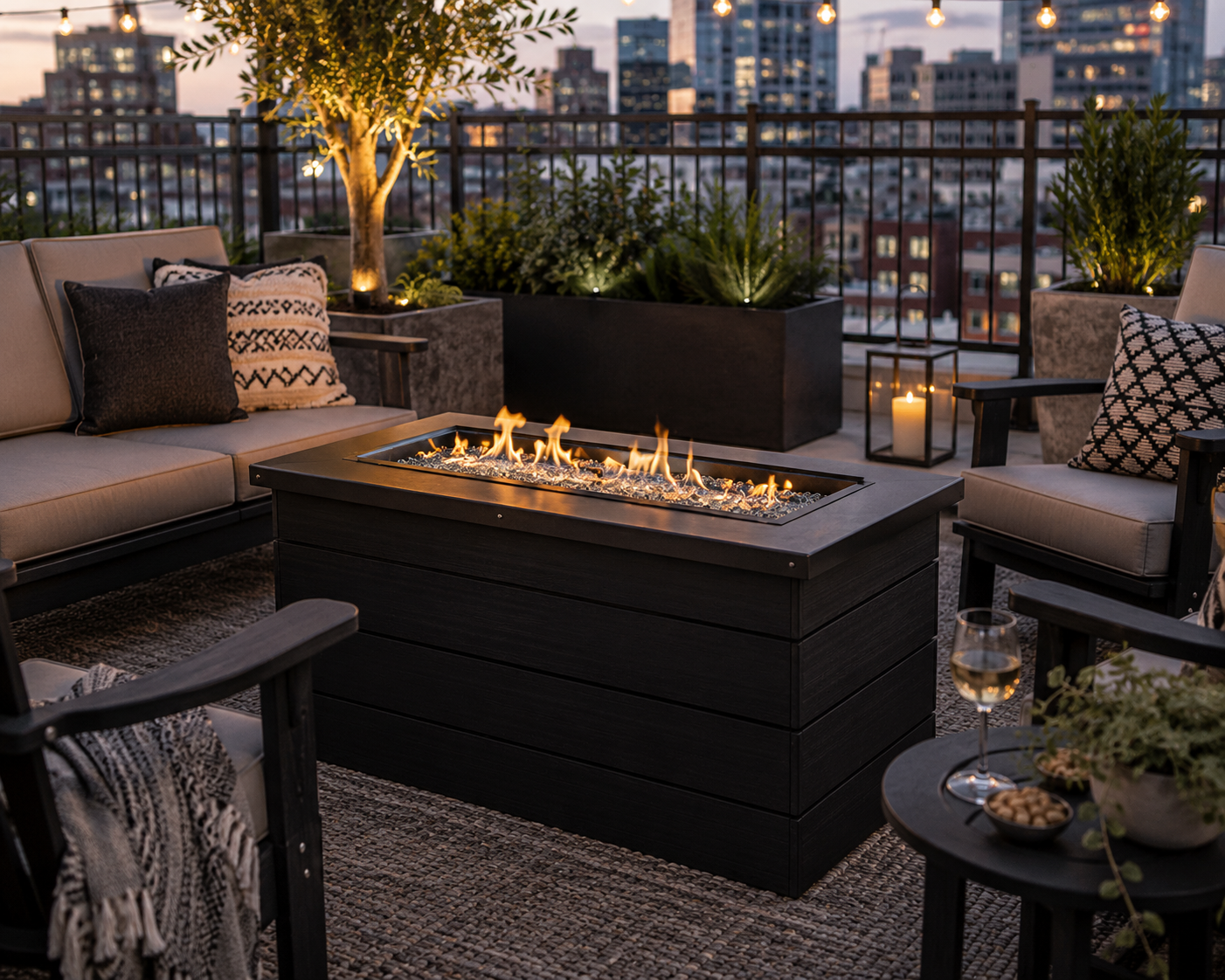 Black poly fire pit creates a cozy outdoor gathering space on a modern rooftop patio with city skyline views at dusk.