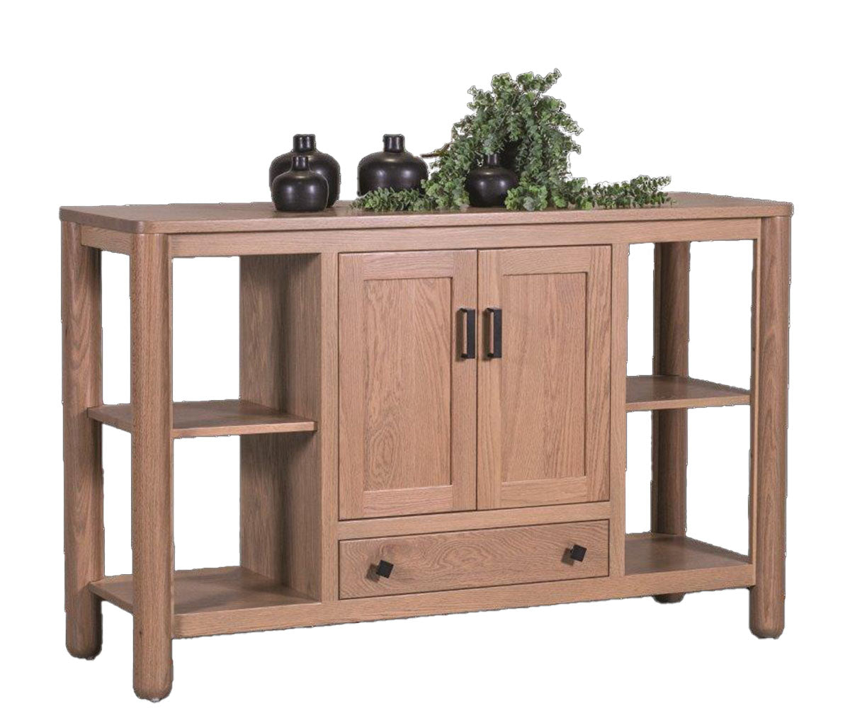 Open style solid Oak wood sideboard with shelves and doors on a white background