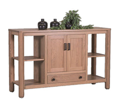 Open style solid Oak wood sideboard with shelves and doors on a white background
