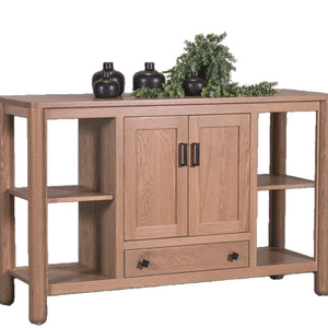 Open style solid Oak wood sideboard with shelves and doors on a white background