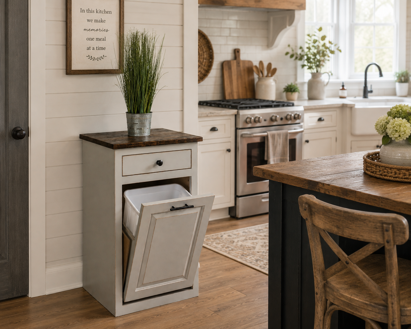 Amish Handcrafted Tilt-Out Trash Bin Cabinet Inside Farmhouse Style Kitchen