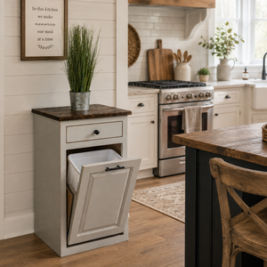Amish Handcrafted Tilt-Out Trash Bin Cabinet Inside Farmhouse Style Kitchen