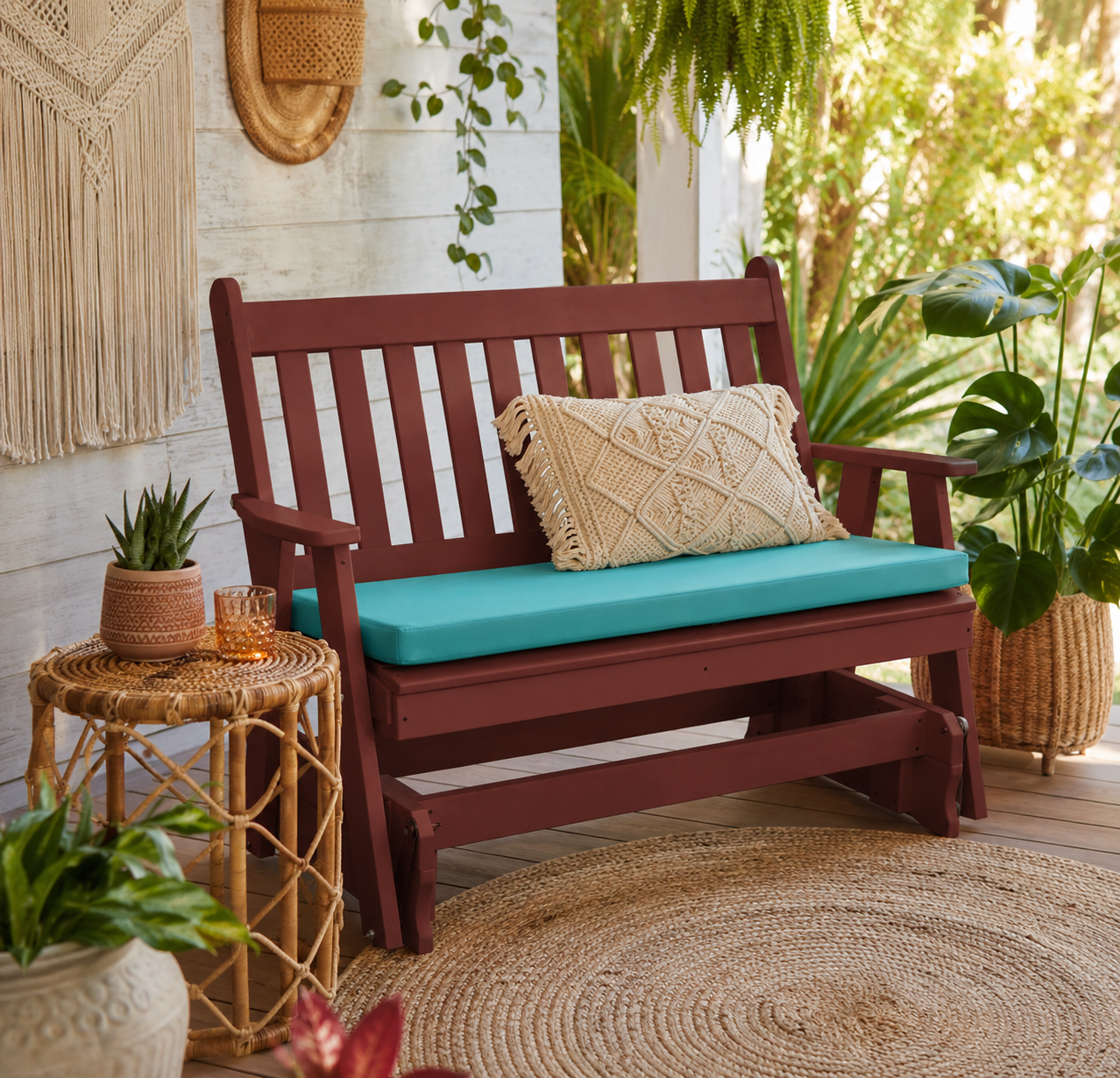 Weather proof poly outdoor glider bench with aqua cushion on a tropical porch, styled for relaxing outdoor living.