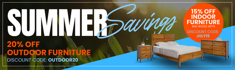 Promotional banner for summer savings on outdoor furniture, featuring a wooden bed frame, matching nightstands, and a large orange discount badge reading 15% off indoor furniture.