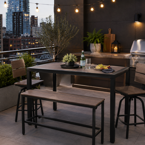 Modern outdoor dining set with bench and stools on a rooftop patio featuring an outdoor kitchen and city skyline.