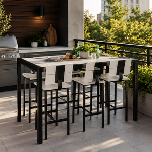 Weather resistant Black and white poly and powder coated steel bar-height dining set for a modern outdoor kitchen patio