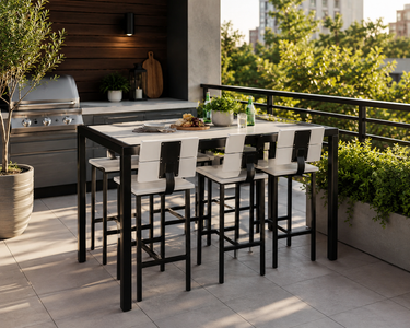 Weather resistant Black and white poly and powder coated steel bar-height dining set for a modern outdoor kitchen patio