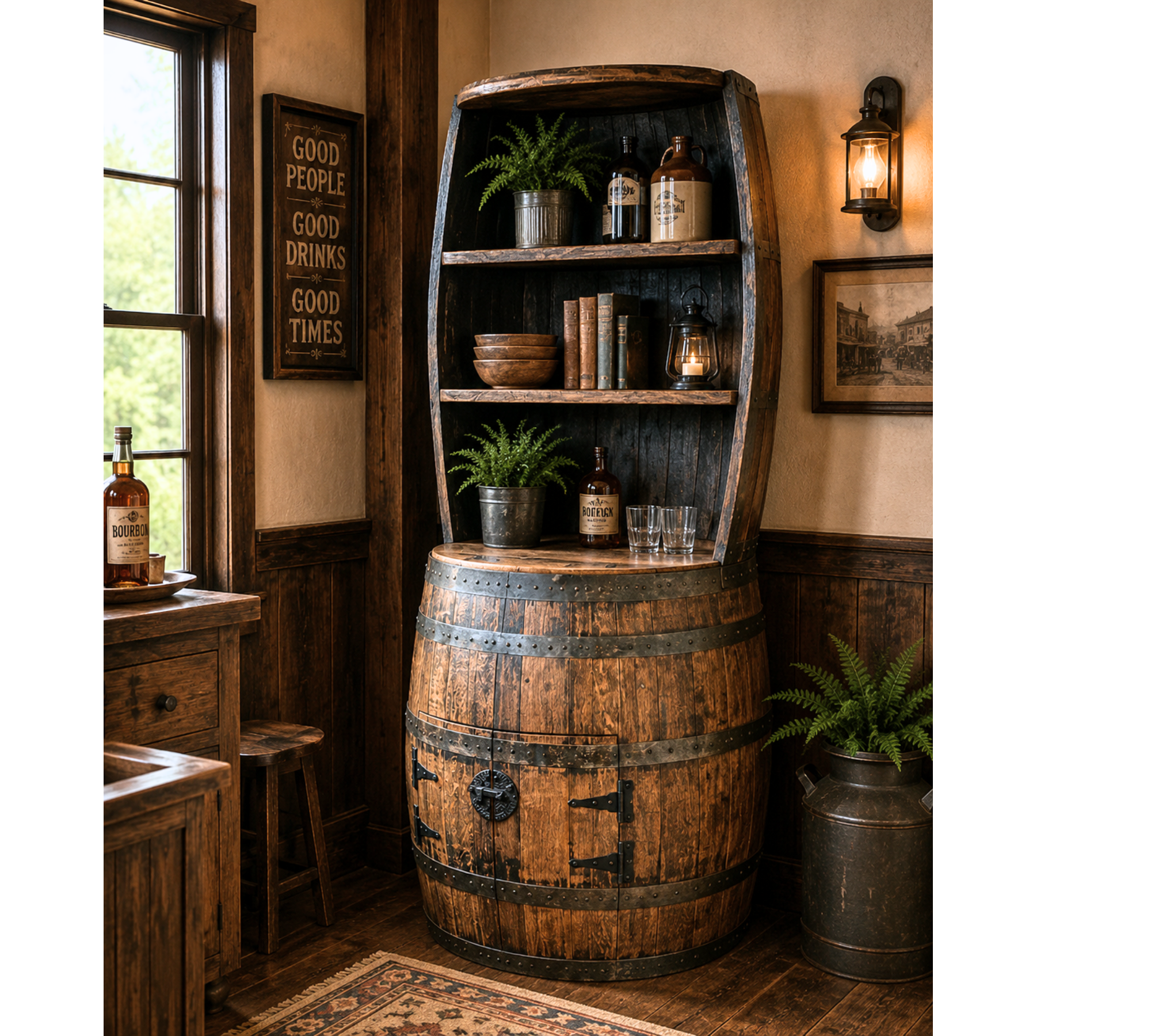 The Tap Room - Amish Handcrafted Double Whiskey Barrel Hutch