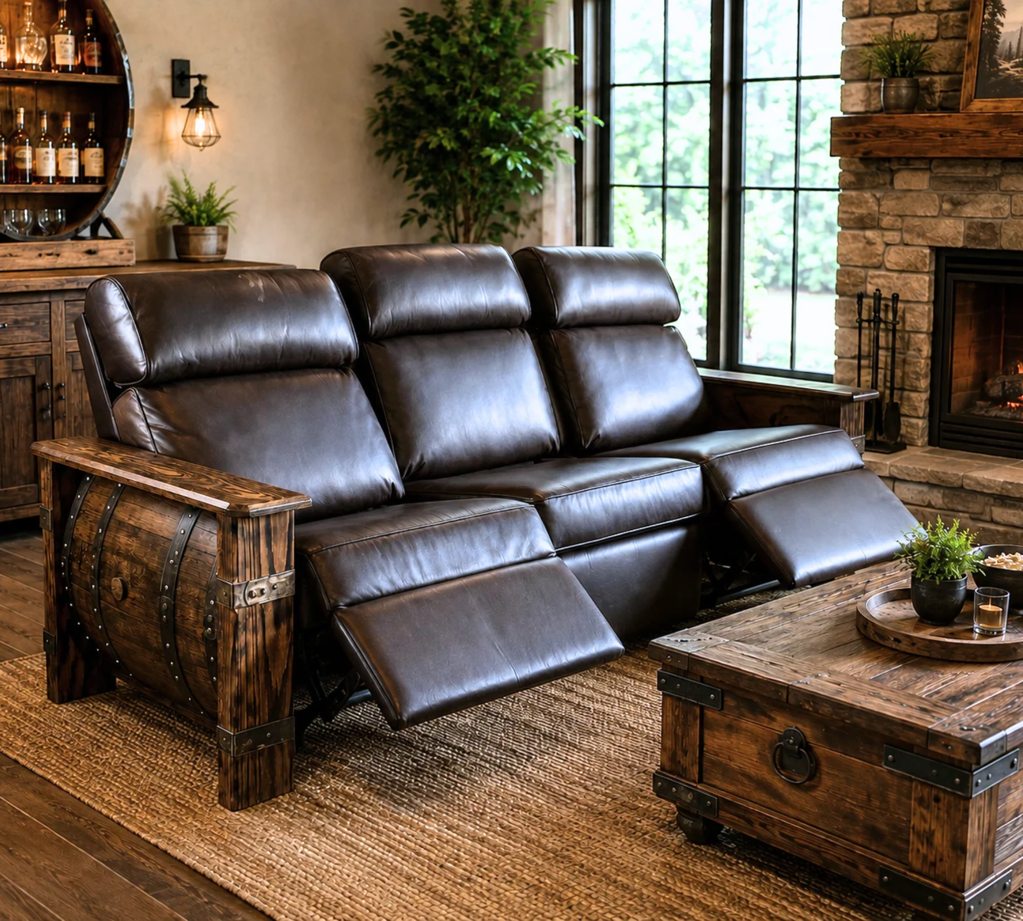 Amish Handcrafted Whiskey Barrel Sofa Recliner