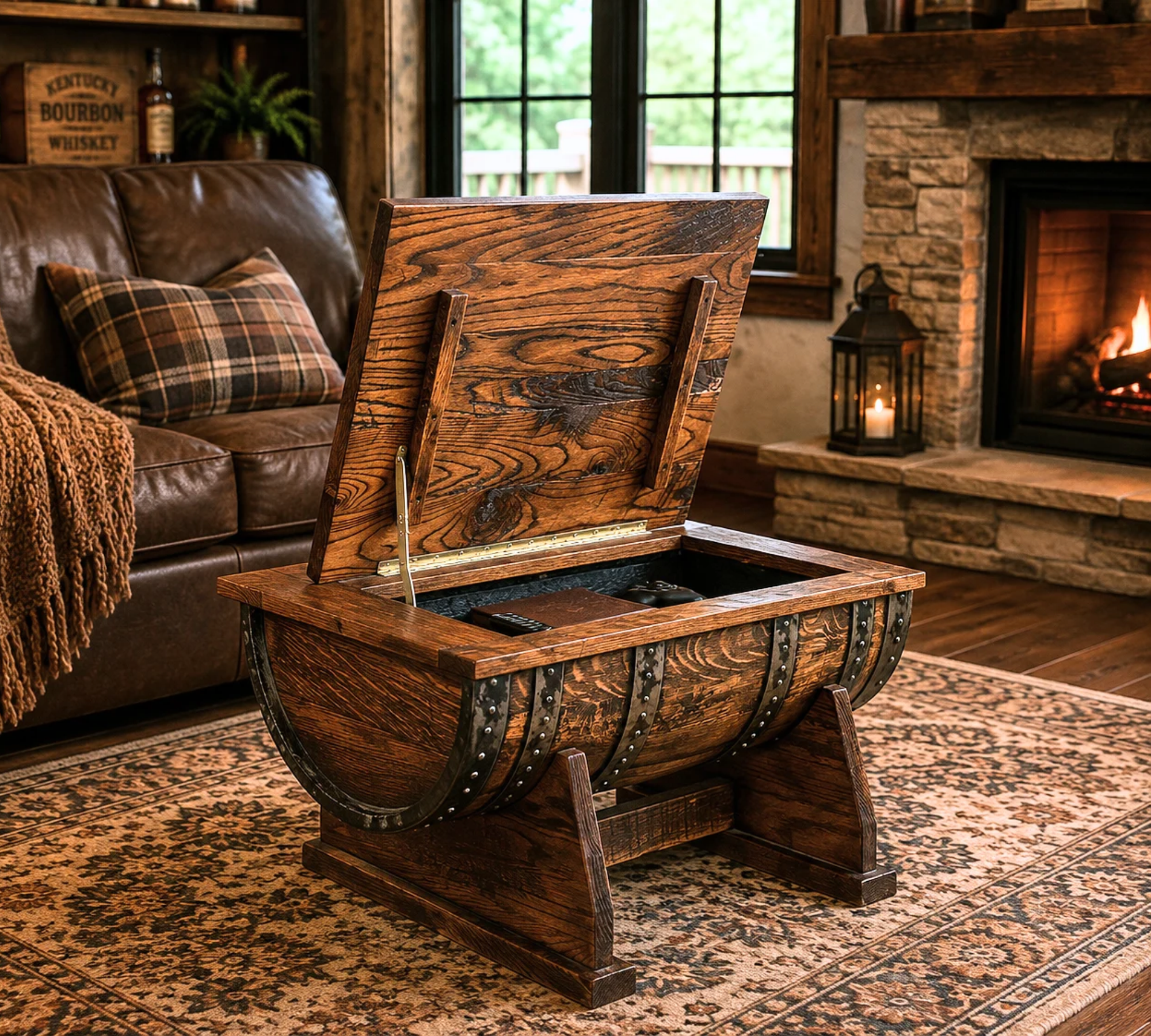 Rickhouse - Amish Handcrafted Whiskey Barrel Coffee Table with Hinge-Top