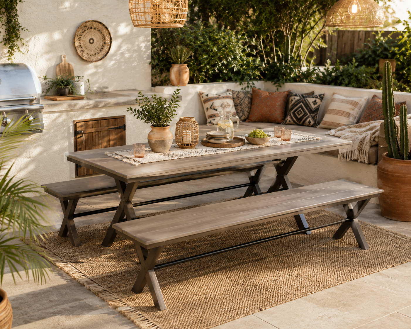 Powder coated steel and poly outdoor dining table with matching benches on a covered patio for stylish outdoor dining.