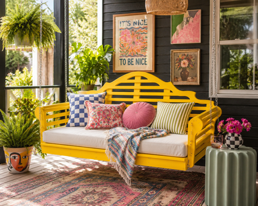 Weather resistant yellow poly porch swing bed with neutral cushions on a boho-inspired porch for stylish outdoor living