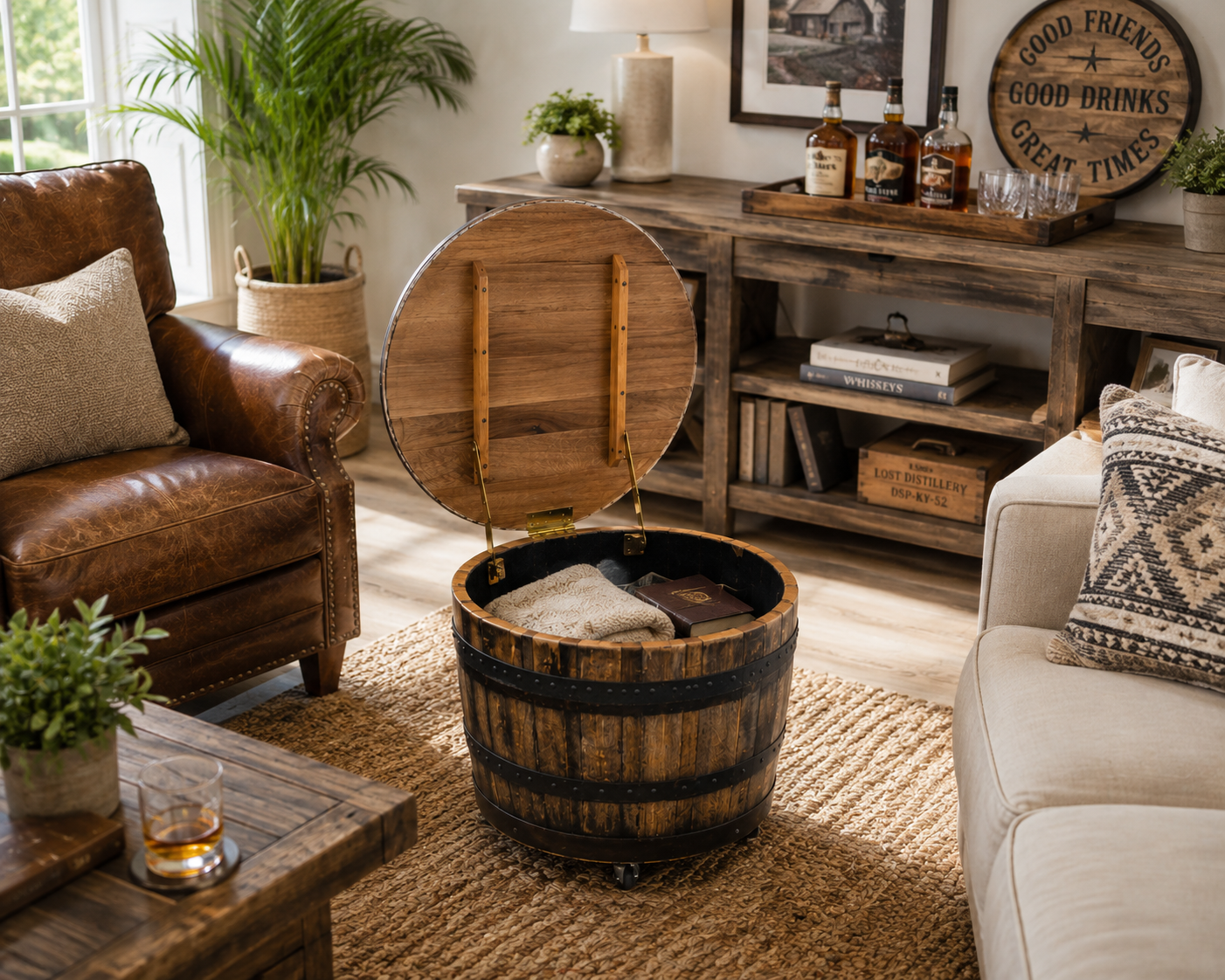 The Bounty - Amish Handcrafted Half Whiskey Barrel Chest with Hinge Top