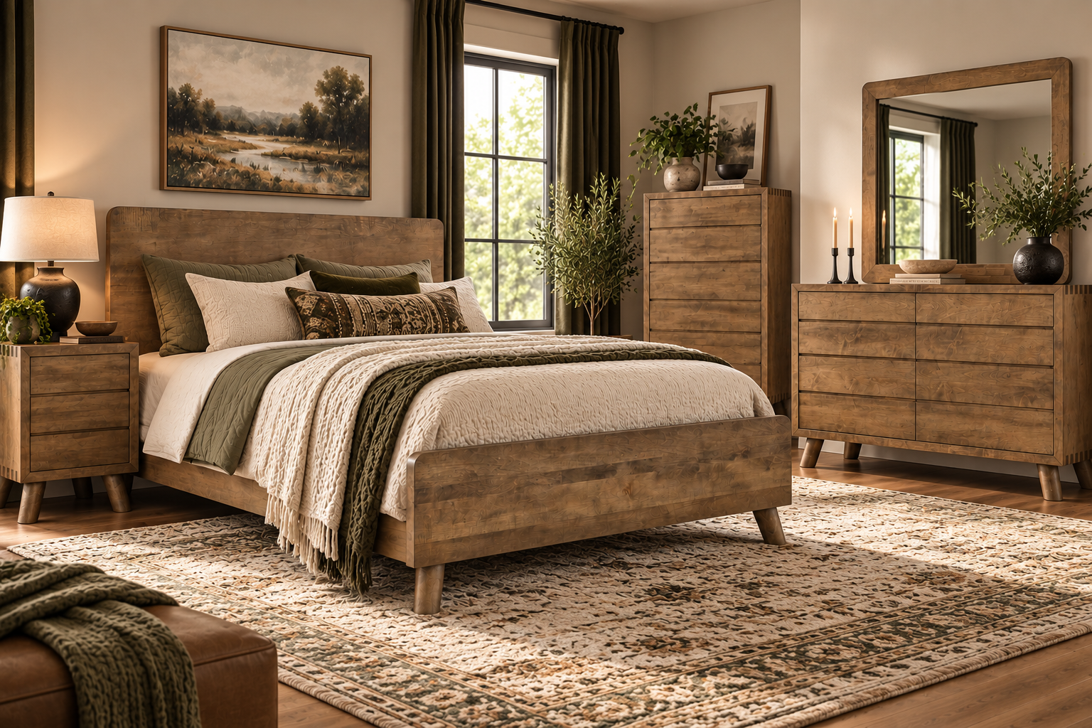 Troy - Amish Handcrafted Solid Wood Panel Bed, Nightstand, Chest of Drawers, and Dresser with Mirror