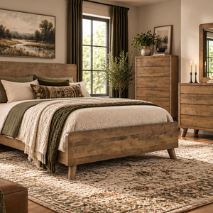 Troy - Amish Handcrafted Solid Wood Panel Bed, Nightstand, Chest of Drawers, and Dresser with Mirror