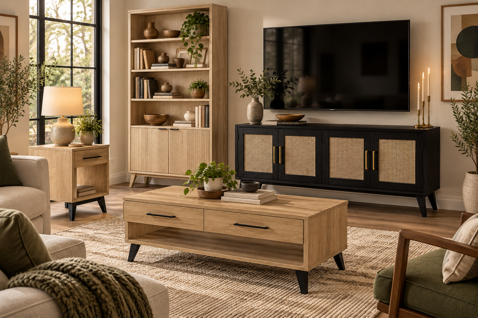 Sofi - Amish Handcrafted TV Cabinet with Caning Doors, Bookcase with Fluted Doors, Sofa Table, Coffee Table, and End Table