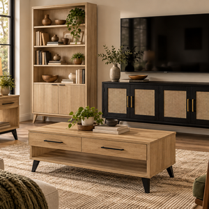 Sofi - Amish Handcrafted TV Cabinet with Caning Doors, Bookcase with Fluted Doors, Sofa Table, Coffee Table, and End Table