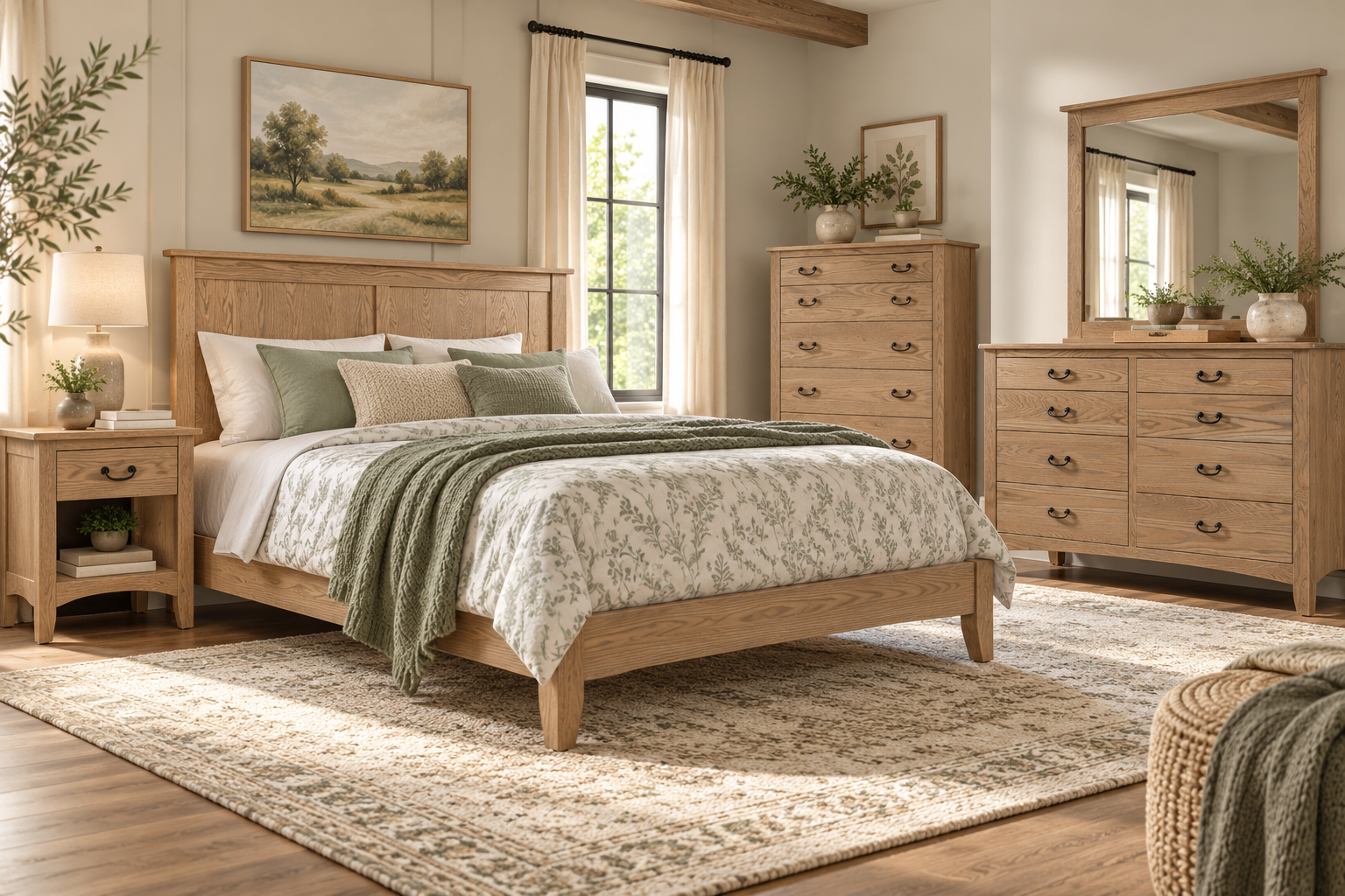 Somerset - Amish Solid Wood Panel Bed, nightstand, chest of drawers, and dresser with mirror