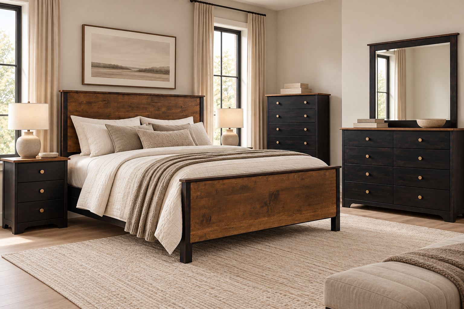 Harlow - Amish Solid Wood Panel Bed with Headboard, Rails, & Foot Board; 3-drawer nightstand; chest of drawers; dresser with mirror