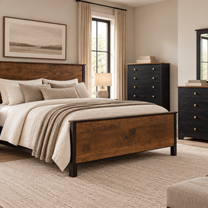 Harlow - Amish Solid Wood Panel Bed with Headboard, Rails, & Foot Board; 3-drawer nightstand; chest of drawers; dresser with mirror