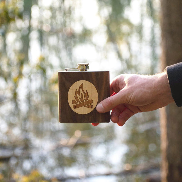 Campfire Wood Flask - Walnut Wood with Maple & Cherry Campfire Inlay