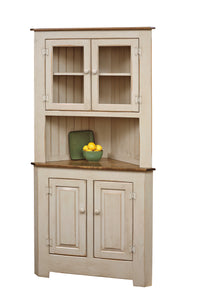 Farmhouse Amish Corner Cabinet - Sandstone Paint with Special Walnut Stained Tops