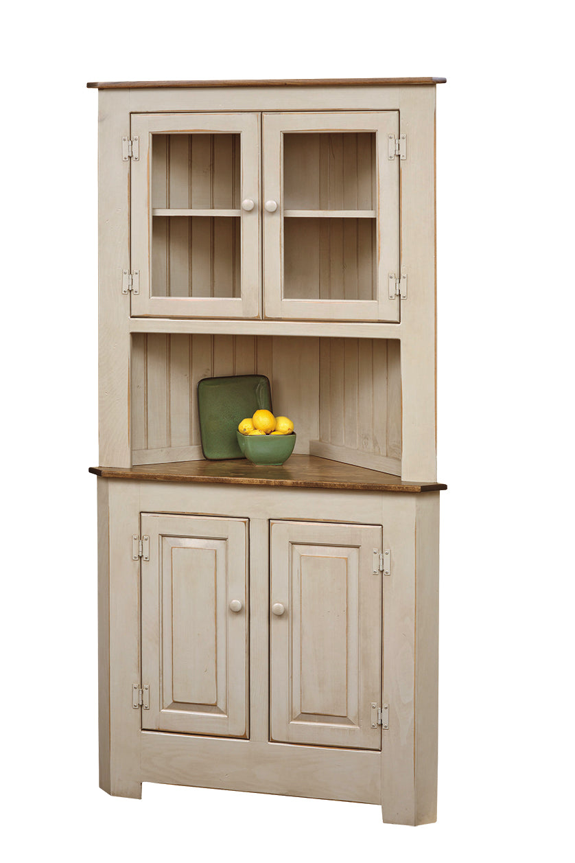 Farmhouse Amish Corner Cabinet - Sandstone Paint with Special Walnut Stained Tops